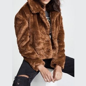 NWOT Small Free People Cropped Faux-Fur Jacket Coat Brown